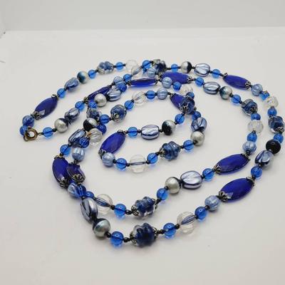 Beautiful Blues Glass Plastic Faux Pearl X Long Necklace