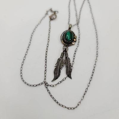 Sterling Southwest Malachite Feather Charm Necklace 