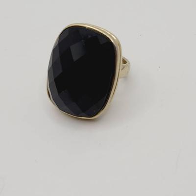 Faceted Black Glass Gold Over Sterling 925 Ring Sz 6.5