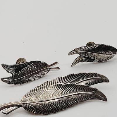 Sterling By Jewelart Double Feather Pin And Earrings 