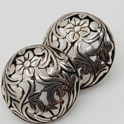 Floral Open Work Domed Earrings Sterling 925 
