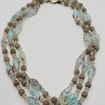 3 Strand 1960s Art Glass Necklace Multi Blue