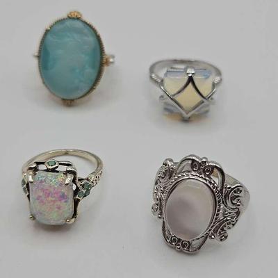 Costume Rings Cameo, Silver Tone And Opalescent Lot Of 4