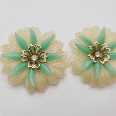 Green And Cream Flower Soft Plastic Clip Earrings