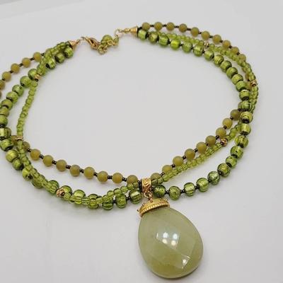 Green Jadeite Necklace Large Faceted Teardrop Pendant Tri Strand Jade Glass Bead
