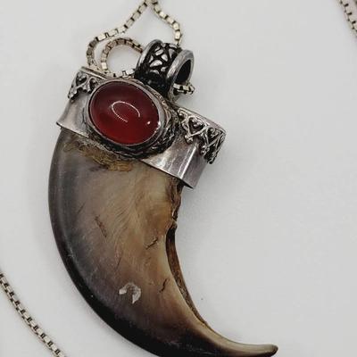 Sterling Necklace Bear Claw Pendant With Red Cabochon 