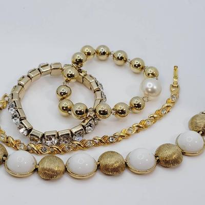 Gold Tone Cream Rhinestone Faux Pearl Bracelet Lot 4pc