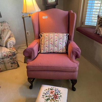 Wingback Chair, Needlepoint Footstool + Throw Pillow, & Lamp 
