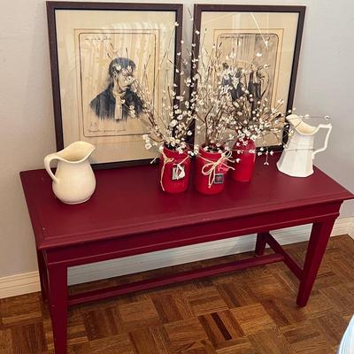 Vintage Red Bench And Characature Art