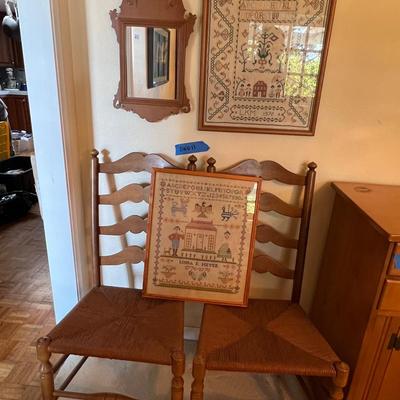 Vintage Needlepoint Samplers And Cane Seat Chairs