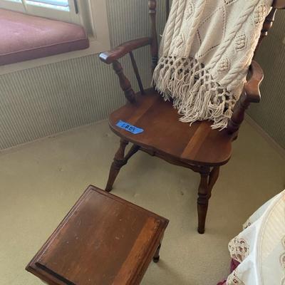 Vintage Wooden Chair, Antique Shoe Shining Footstool, & Knit Blanket