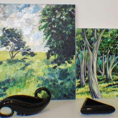 Pair of Landscape Paintings with Black Abstract Ceramic Sculptures