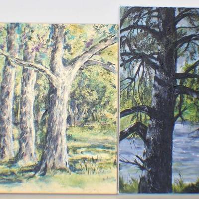 Set of 2 Original Nature Landscape Paintings – Forest & River Scenes