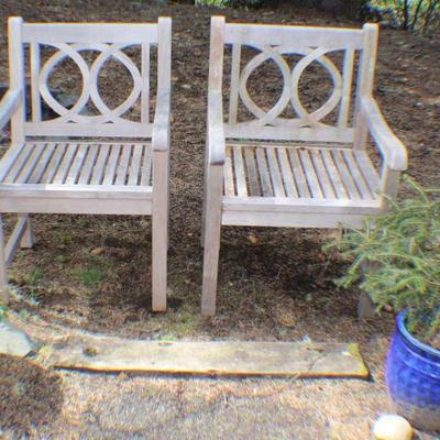 Pair of Garden Chairs with Decorative Blue Ceramic Planters