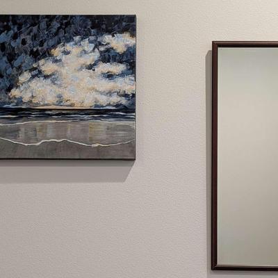 Framed Ocean Sunset Painting & Wall Mirror Set