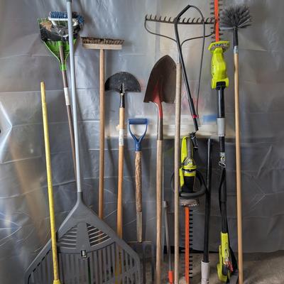 Yard and Garden Tool Lot – Rakes, Shovels, Hedge Trimmers & More