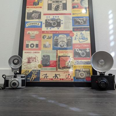 Vintage Camera Decor Lot – Framed Photography Collage & Two Flash Cameras