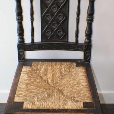 Antique Hand-Carved Jacobean Revival Side Chair with Rush Seat