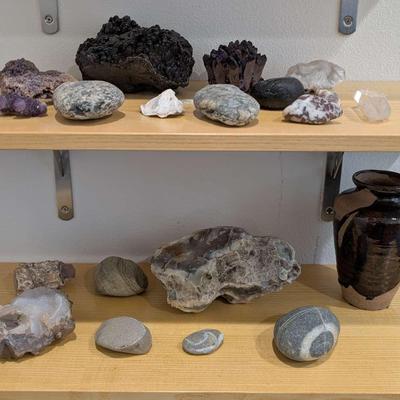 Decorative Mineral & Stone Collection with Handcrafted Pottery Vase