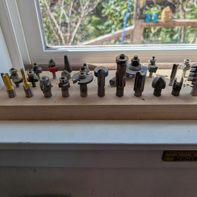 Assorted Router Bits and Rotary Cutters in Custom Woodblock Holder