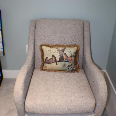 Mid-Century Style Upholstered Armchair with Decorative Bird Pillow