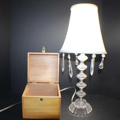 Crystal Accent Table Lamp with White Shade & Handcrafted Wood Trinket Box
