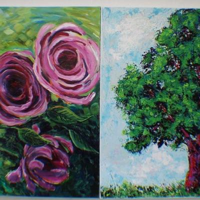 Pair of Vibrant Textured Canvas Paintings – Floral and Tree Scenes