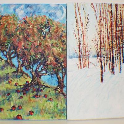 Pair of Seasonal Landscape Paintings – Textured Autumn Orchard & Winter Birch Forest