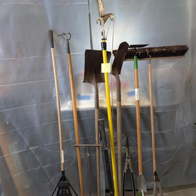 Large Mixed Lot of Garden & Yard Tools – Shovels, Pruners, Broom, Tree Trimmer & More