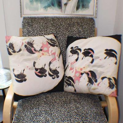 Accent Chair with Modern Side Table, Geisha Silk Pillows & Framed Birch Tree Artwork