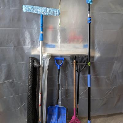 Household & Yard Cleaning Tool Lot – Snow Shovel, Window Squeegees, Brooms & More