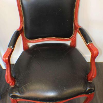 Vintage Red Wood Accent Chair with Black Faux Leather Upholstery
