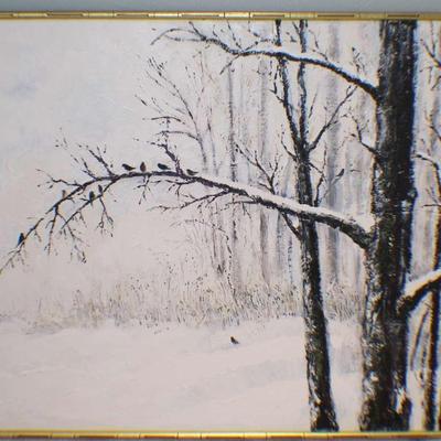 Framed Winter Forest Landscape Painting with Birds – Snow Scene on Canvas