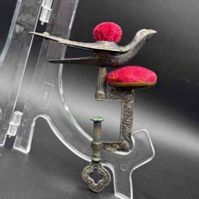 Vintage Metal Sewing Bird Clamp With Two Pin Cushions
