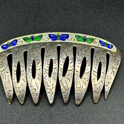 Vintage Cloisonné Sterling Silver Hair Comb
