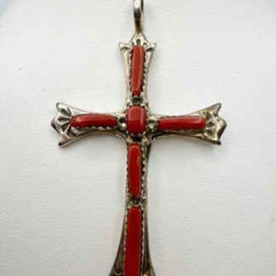 G&L Leekity Stamped Zuni Sterling Silver & Coral Cross Pendant

