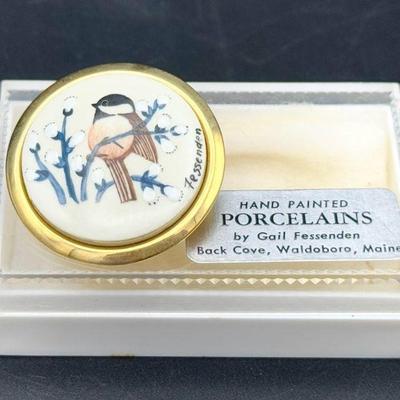 Signed Hand Painted Porcelain Chickadee Brooch By Gail Fessenden

