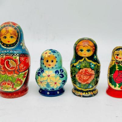 (4) Hand Painted Sets of Traditional Matryoshka Nesting Dolls — Some Signed
