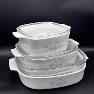 (3) Corning Ware - Country Cornflower Blue Ribbon
