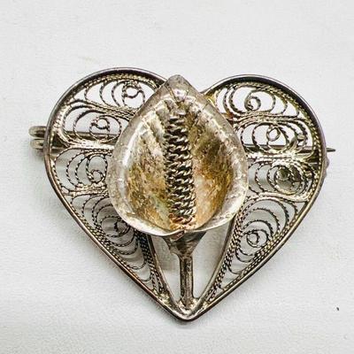 Vintage Sterling Silver Calla Lily Filigree Heart Brooch
