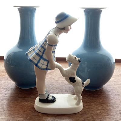 Vintage Porcelain Girl and Schnauzer/Airedale Dog Figurine, Made in Japan