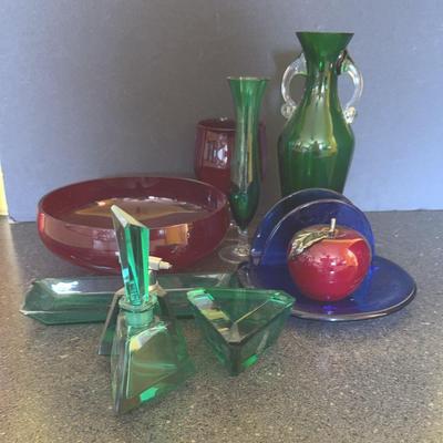 VTG Astral Glass Studio Ruby Red Apple Pewter Stem Leaf Paperweight