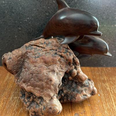 Carved Iron Wood Dolphins Mounted on Burlwood Sculpture