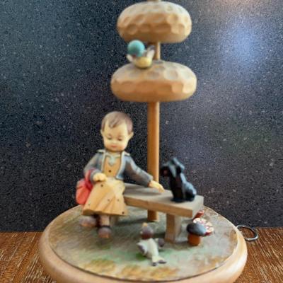 Vintage ANRI Italy & THORENS Swiss Carved Wood Girl w/Dog on Bench Music Box "Gigi"