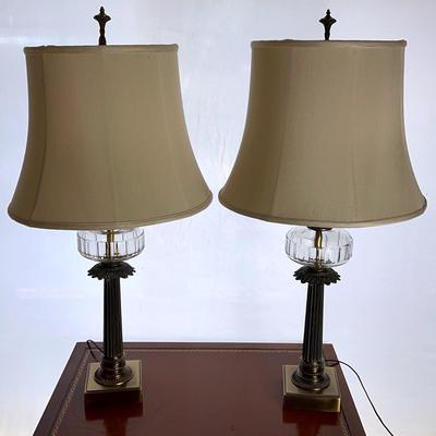 Pair of English Victorian Brass and Crystal Table Lamps