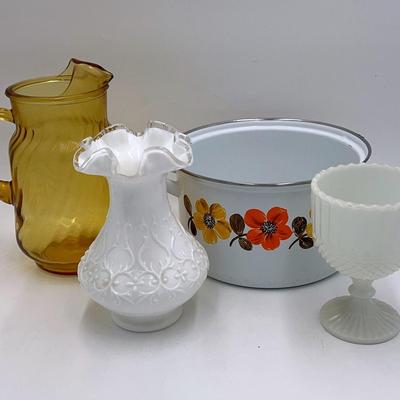 Vintage Milk Glass, Amber Glass Pitcher & Pot