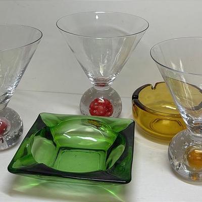 Vintage Hand Blown Martini Glasses and Ashtrays 