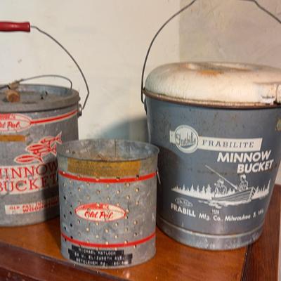 3 vintage Fishing Minnow Buckets