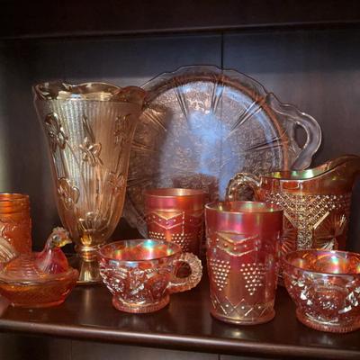 8 Carnival Glass & 1 Pink Glass