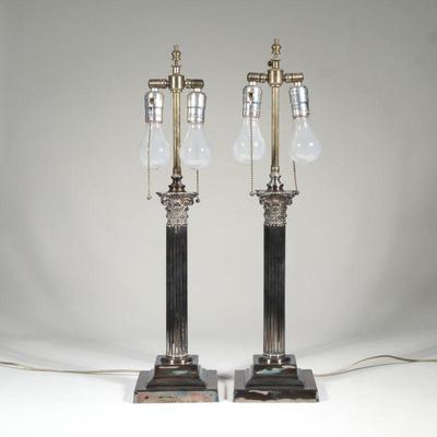 "PAIR SILVER FINISHED COLUMN FORM LAMPS | Corinthian column form lamps with shield mark and hallmark
h. 14.5 x w. 5.75 in....